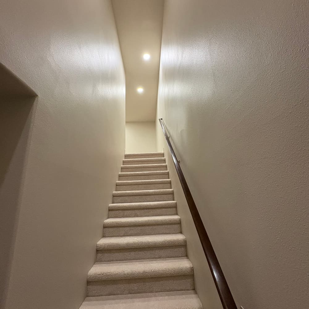 The same stairway finished, with new carpet running up every tread