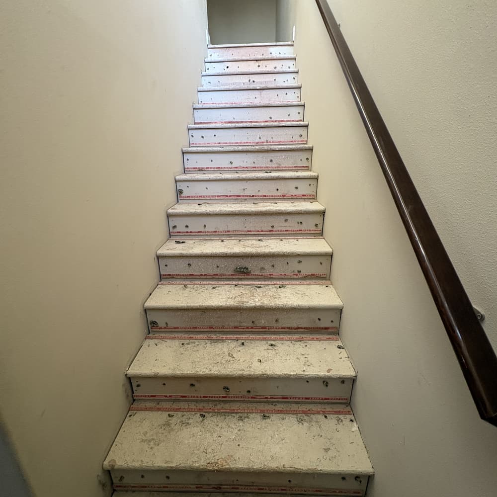 The same stairway stripped to bare treads and tack strip before new carpet